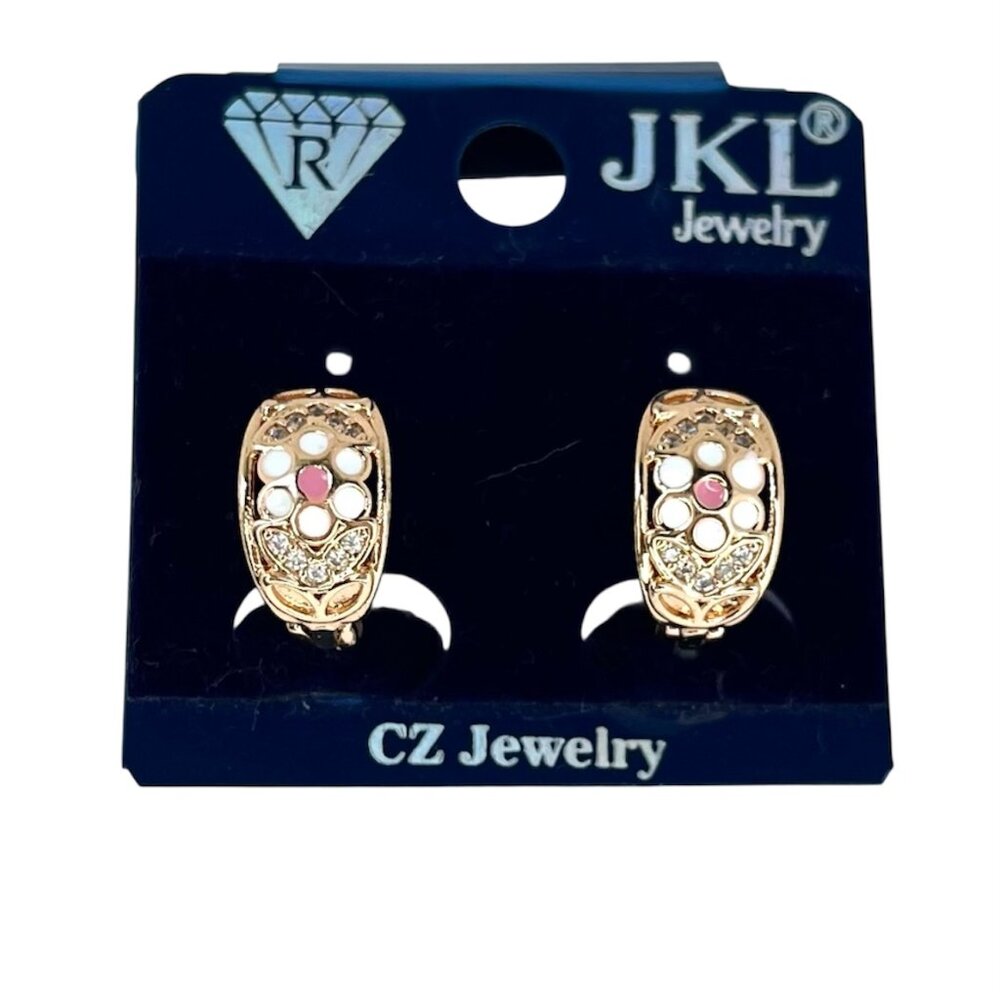 Gold Hoop Earrings with Pink & White Enamel Elegant Filigree Vintage Design